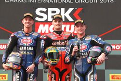 Podium: second place Michael van der Mark, Pata Yamaha, Race winner Chaz Davies, Aruba.it Racing-Ducati SBK Team, third place Alex Lowes, Pata Yamaha