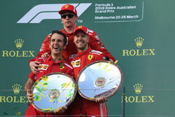 Inaki Rueda, Ferrari Race Strategist, Sebastian Vettel, Ferrari and Kimi Raikkonen, Ferrari celebrate on the podium with the trophies