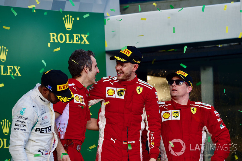 Lewis Hamilton, Mercedes-AMG F1, Sebastian Vettel, Ferrari and Kimi Raikkonen, Ferrari celebrate on 