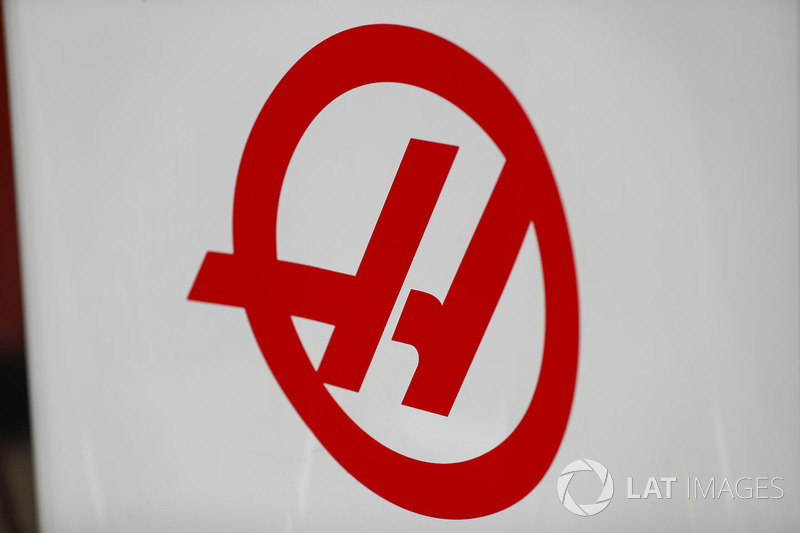 The Haas F1 Team's logo on their pit gantry