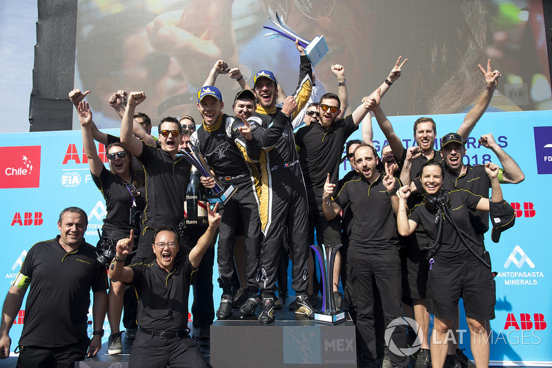 The Techeetah team celebrate with Jean-Eric Vergne, Techeetah, Andre Lotterer, Techeetah, on the podium