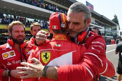 Pole sitter Sebastian Vettel, Ferrari celebrates in parc ferme with Maurizio Arrivabene, Ferrari Tea