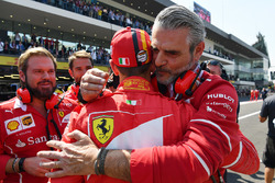 Pole sitter Sebastian Vettel, Ferrari celebrates in parc ferme with Maurizio Arrivabene, Ferrari Tea