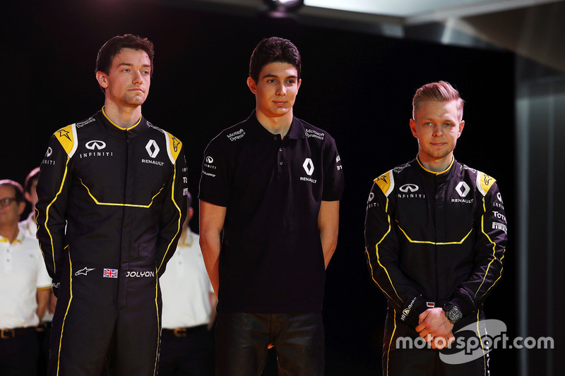 (L to R): Jolyon Palmer, Renault F1 Team with Esteban Ocon, Renault F1 Team Test Driver and Kevin Magnussen, Renault F1 Team