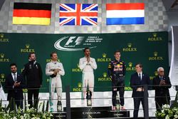 The podium (L to R): Nico Rosberg, Mercedes AMG F1, second; Lewis Hamilton, Mercedes AMG F1, race winner; Max Verstappen, Red Bull Racing, third