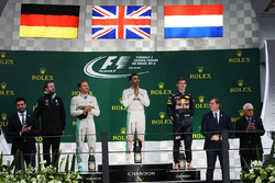 The podium (L to R): Nico Rosberg, Mercedes AMG F1, second; Lewis Hamilton, Mercedes AMG F1, race winner; Max Verstappen, Red Bull Racing, third