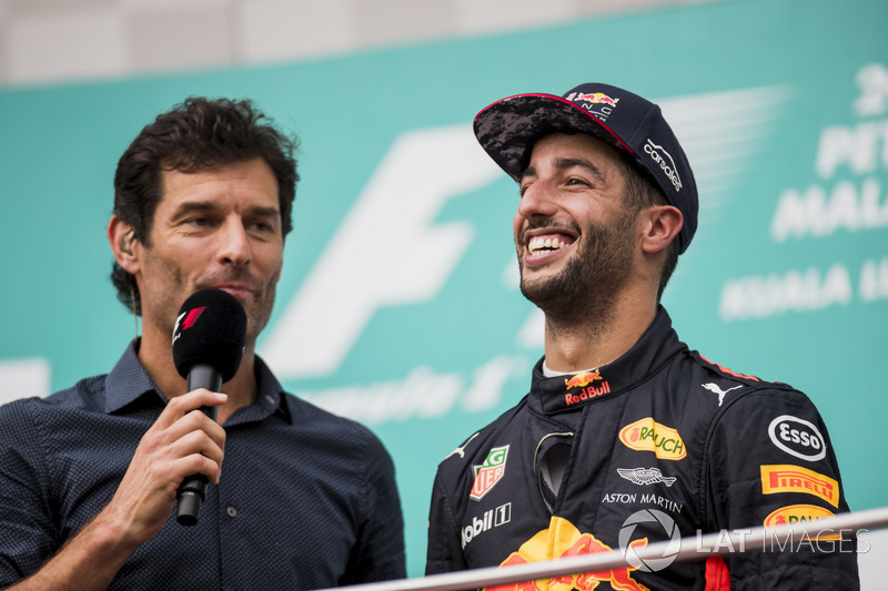 Mark Webber, TV Pundit, Channel 4 F1, interviews third place Daniel Ricciardo, Red Bull Racing, on the podium