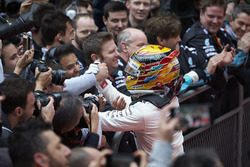 Lewis Hamilton, Mercedes AMG, celebrates with his team on arrival in parc ferme