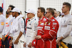 Daniel Ricciardo, Red Bull Racing,Lewis Hamilton, Mercedes AMG, Valtteri Bottas, Mercedes AMG, Sebastian Vettel, Ferrari, Kimi Raikkonen, Ferrari, and Nico Hulkenberg, Renault Sport F1 Team, line up for the national anthem
