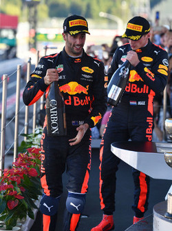Daniel Ricciardo, Red Bull Racing and Max Verstappen, Red Bull Racing celebrate on the podium with the champagne