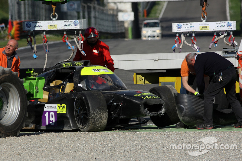 The car of #19 M.Racing - YMR, Norma M 30 - Nissan: Gwenael Delomier after a huge crash