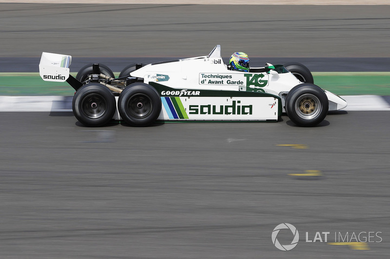 Felipe Massa, demonstrates a six-wheeled Williams FW08