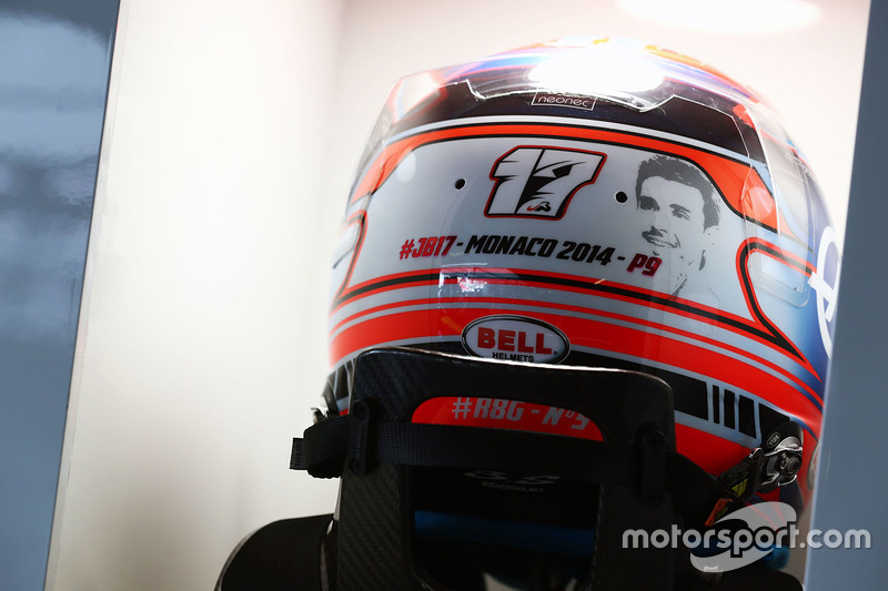 The helmet of Romain Grosjean, Haas F1 Team with a tribute to Jules Bianchi