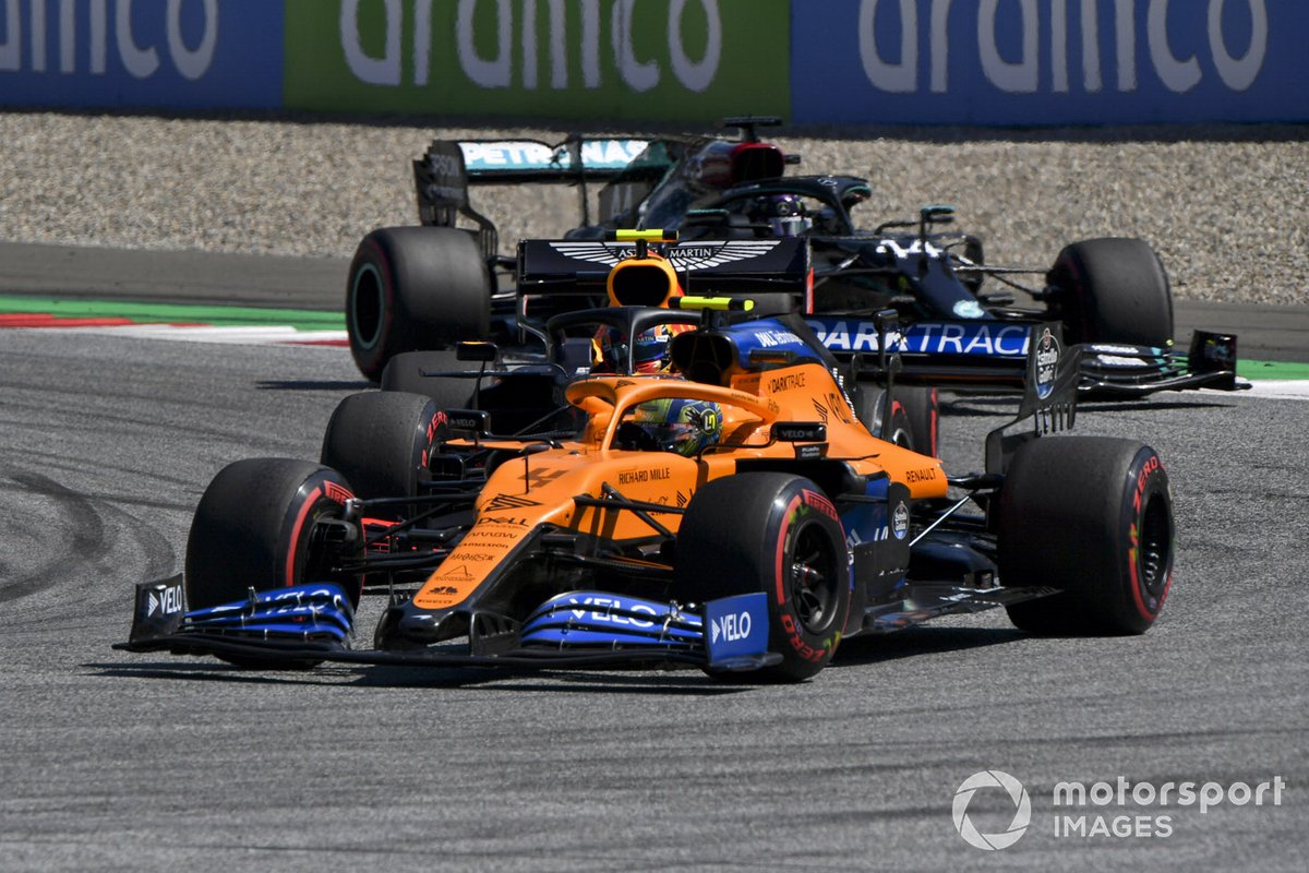 Lando Norris, McLaren MCL35, leads Alex Albon, Red Bull Racing RB16, and Lewis Hamilton, Mercedes F1 W11 EQ Performance