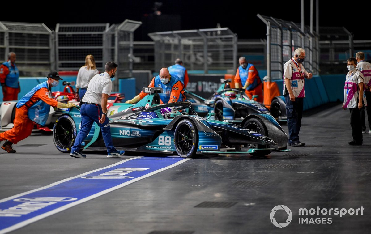 Tom Blomqvist, NIO 333, NIO 333 001, is moved in the pit lane