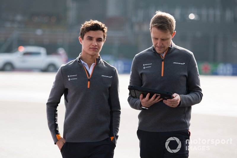 Lando Norris, McLaren walks the track