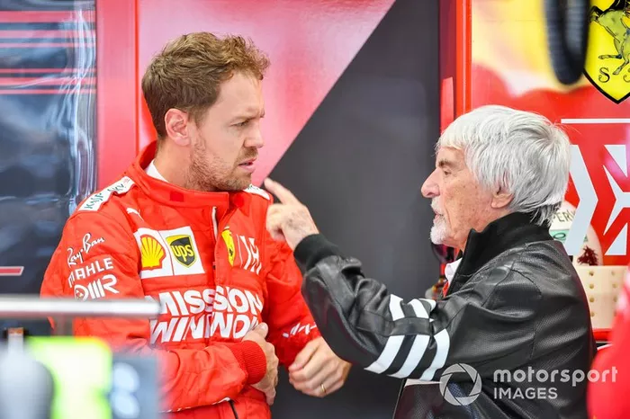 Sebastian Vettel, Ferrari, y Bernie Ecclestone, Presidente Emiritus de Fórmula 1