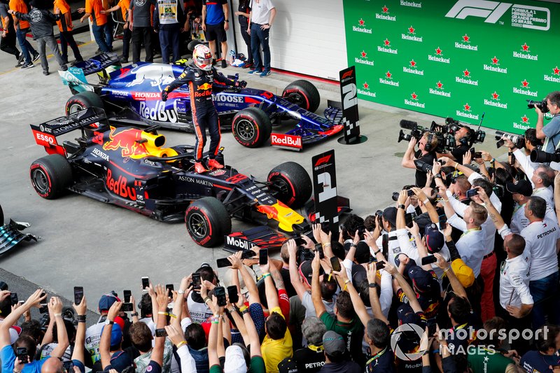 Race winner Max Verstappen, Red Bull Racing celebrates in Parc Ferme 