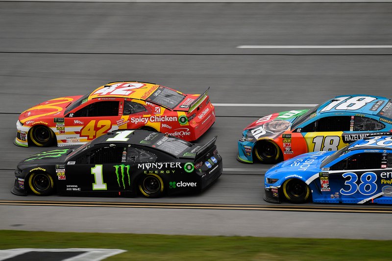 Kurt Busch, Chip Ganassi Racing, Chevrolet Camaro Monster Energy, Kyle Larson, Chip Ganassi Racing, Chevrolet Camaro McDonald's, David Ragan, Front Row Motorsports, Ford Mustang Envision, and Kyle Busch, Joe Gibbs Racing, Toyota Camry M&M's Hazelnut