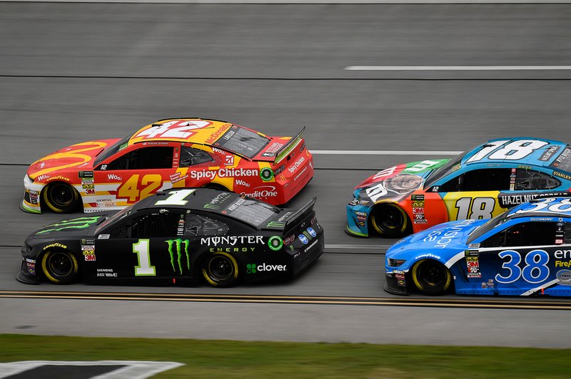  Kurt Busch, Chip Ganassi Racing, Chevrolet Camaro Monster Energy,  Kyle Larson, Chip Ganassi Racing, Chevrolet Camaro McDonald's,  David Ragan, Front Row Motorsports, Ford Mustang Envision, and  Kyle Busch, Joe Gibbs Racing, Toyota Camry M&M's Hazelnut