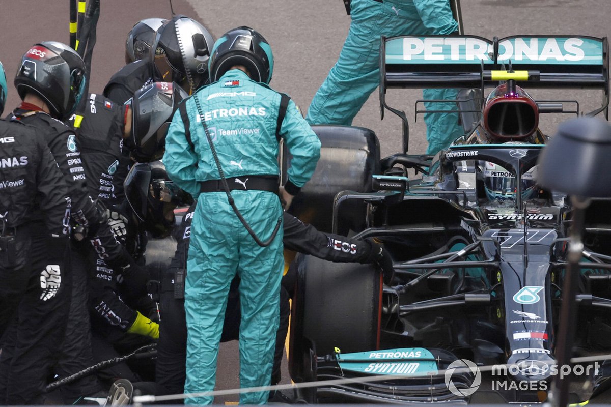Valtteri Bottas, Mercedes W12, in the pits with technical trouble that would lead to retirement from the race