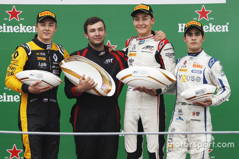 Podium: race winner George Russell, ART Grand Prix, second place Artem Markelov, RUSSIAN TIME. third place Sergio Sette Camara, Carlin
