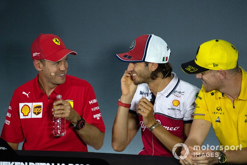Sebastian Vettel, Ferrari, Alexander Albon, Red Bull Racing and Nico Hulkenberg, Renault F1 Team in the Press Conference