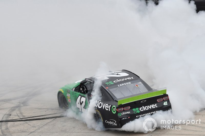 Kyle Larson, Chip Ganassi Racing, Chevrolet Camaro Clover, celebrates after winning.