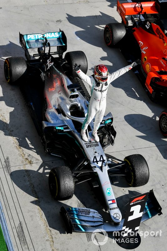 Lewis Hamilton, Mercedes AMG F1 W10, 1st position, celebrates on arrival in Parc Ferme