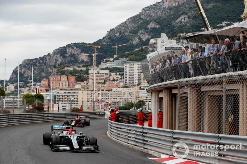 Lewis Hamilton, Mercedes AMG F1 W10, leads Max Verstappen, Red Bull Racing RB15