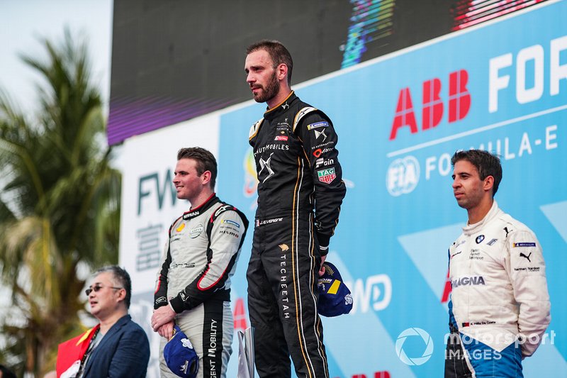 Jean-Eric Vergne, DS TECHEETAH, 1st position, Oliver Rowland, Nissan e.Dams, 2nd position, Antonio Felix da Costa, BMW I Andretti Motorsports, 3rd position, on the podium