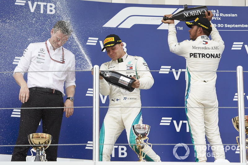 James Allison, Mercedes AMG F1 Technical Director, Valtteri Bottas, Mercedes AMG F1, Lewis Hamilton, Mercedes AMG F1 and celebrate on the podium with the champagne