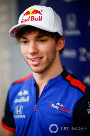 Pierre Gasly, Toro Rosso, talks to the press
