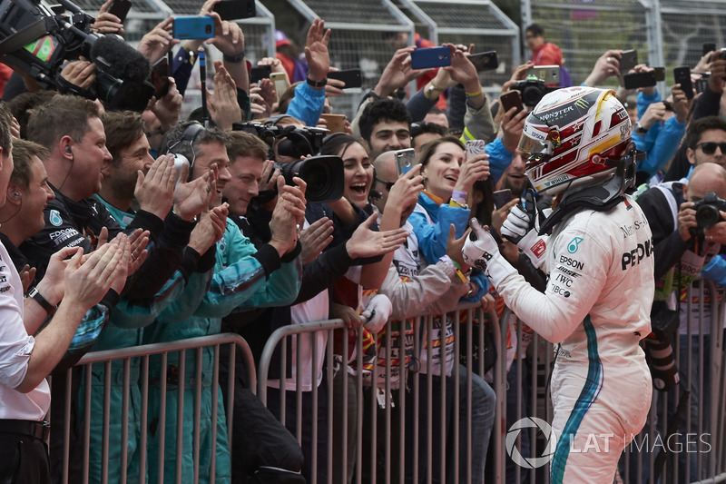 Lewis Hamilton, Mercedes AMG F1, 1st position, celebrates victory in Parc Ferme