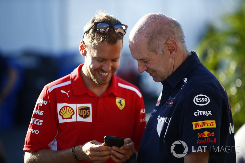 Sebastian Vettel, Ferrari, with Adrian Newey, Chief Technical Officer, Red Bull Racing