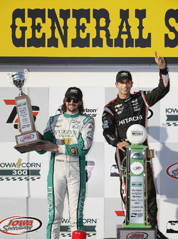 Podium: Race winner Helio Castroneves, Team Penske Chevrolet, second place J.R. Hildebrand, Ed Carpenter Racing Chevrolet, third place Ryan Hunter-Reay, Andretti Autosport Honda