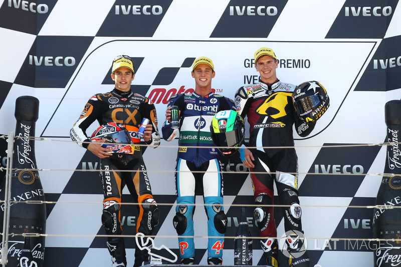 Podium: second place Marc Marquez, Race winner Pol Espargaro, third place Scott Redding