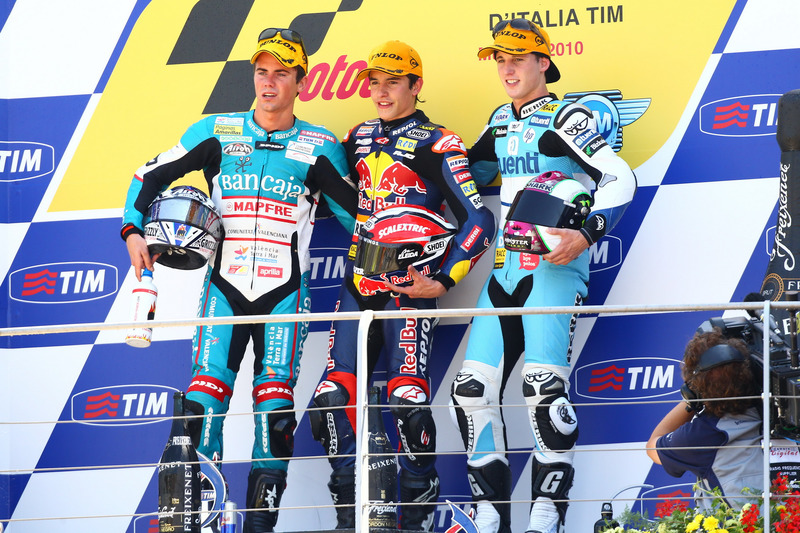 Podium: second place Nicolás Terol, Race winner Marc Marquez, third place Pol Espargaro