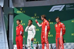 Claudio Albertini, Ferrari Engineer, Lewis Hamilton, Mercedes-AMG F1, Sebastian Vettel, Ferrari and Kimi Raikkonen, Ferrari celebrate on the podium