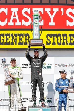 Spencer Pigot, Ed Carpenter Racing Chevrolet, James Hinchcliffe, Schmidt Peterson Motorsports Honda, Takuma Sato, Rahal Letterman Lanigan Racing Honda, podium