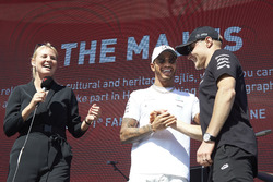 Lewis Hamilton, Mercedes AMG F1, is interviewed on stage, Valtteri Bottas, Mercedes AMG F1