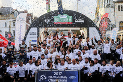 Sébastien Ogier, Julien Ingrassia, Ford Fiesta WRC, M-Sport, Ott Tänak, Martin Järveoja, Ford Fiesta WRC, M-Sport, Elfyn Evans, Daniel Barritt, Ford Fiesta WRC, M-Sport celebrate with the teams