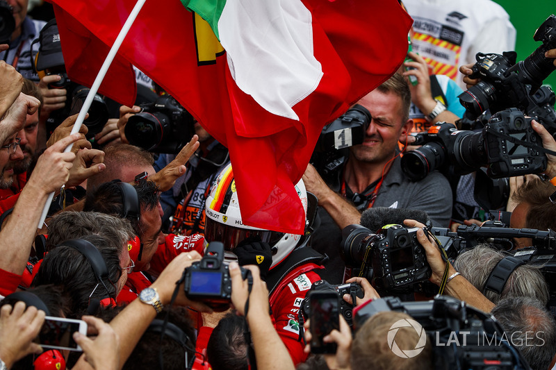 Sebastian Vettel, Ferrari, 1st position, celebrates in Parc Ferme