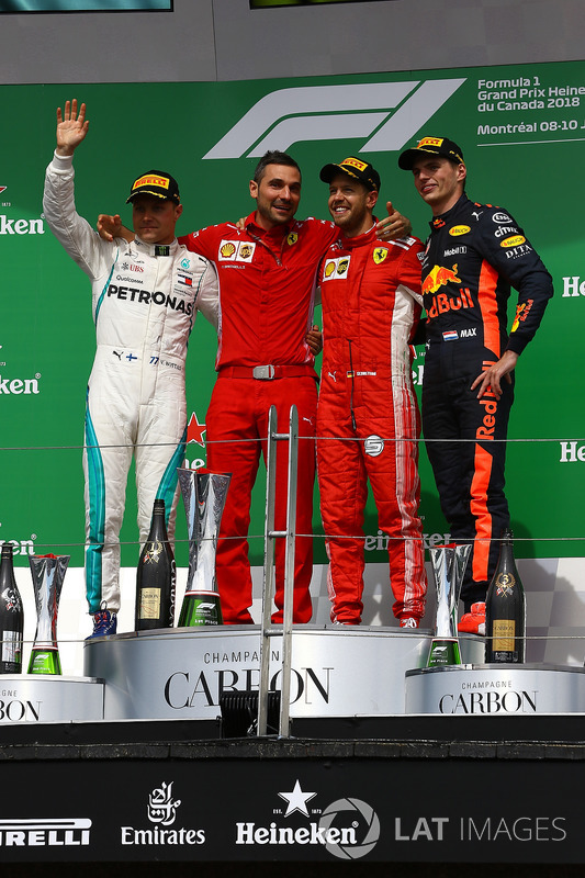 Valtteri Bottas, Mercedes-AMG F1, Sebastian Vettel, Ferrari i Max Verstappen, Red Bull Racing świętują na podium