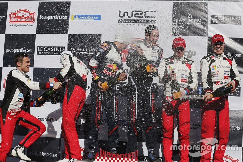 Podium: winners Sébastien Ogier, Julien Ingrassia, M-Sport Ford, second place Ott Tanak, Martin Järveoja, Toyota Gazoo Racing, third place, Jari-Matti Latvala, Miikka Anttila, Toyota Gazoo Racing