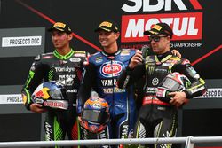 Podium: race winner Michael van der Mark, Pata Yamaha, second place Toprak Razgatlioglu, Kawasaki Puccetti Racing, third place Jonathan Rea, Kawasaki Racing