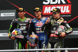 Podium: race winner Michael van der Mark, Pata Yamaha, second place Toprak Razgatlioglu, Kawasaki Puccetti Racing,  third place Jonathan Rea, Kawasaki Racing