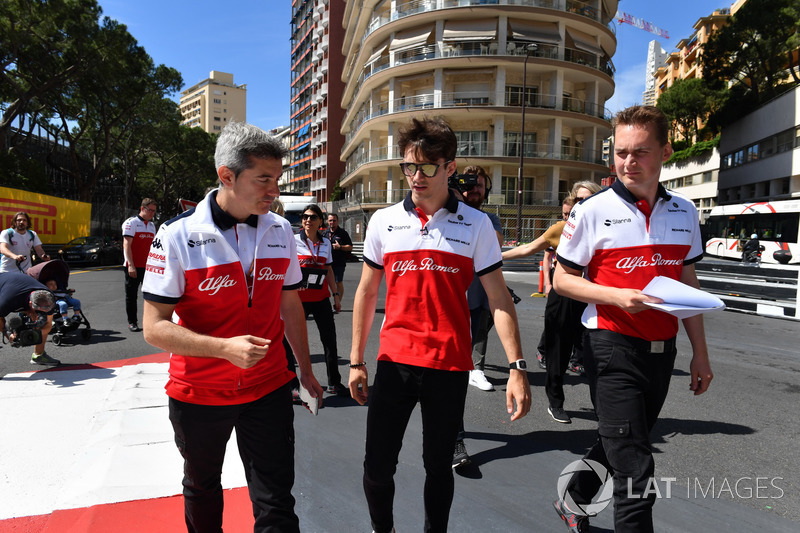 Charles Leclerc, Sauber walks the track with Xevi Pujolar, Sauber Head of Track Engineering