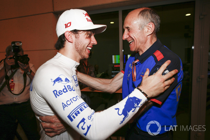 Pierre Gasly, Toro Rosso, and Franz Tost, Team Principal, Toro Rosso, celebrate a 4th place finish