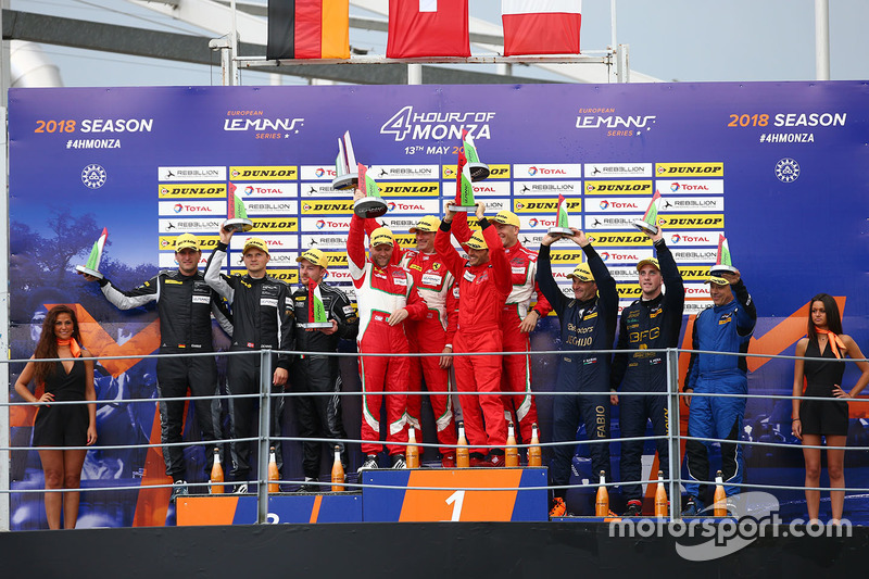 Podio GTE: i vincitori #55 Spirit of Race Ferrari F488 GTE: Duncan Cameron, Matthew Griffin, Aaron Scott, al secondo posto #77 Christian Ried / Marc Lieb / Marvin Dienst PROTON COMPETITION D Porsche 911 RSR, al tero posto #80 Ebimotors Porsche 911 RSR: Fab